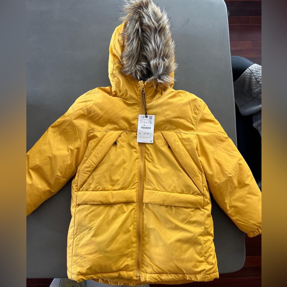 Zara boys  Yellow Hooded Puffer Jacket with Faux Fur